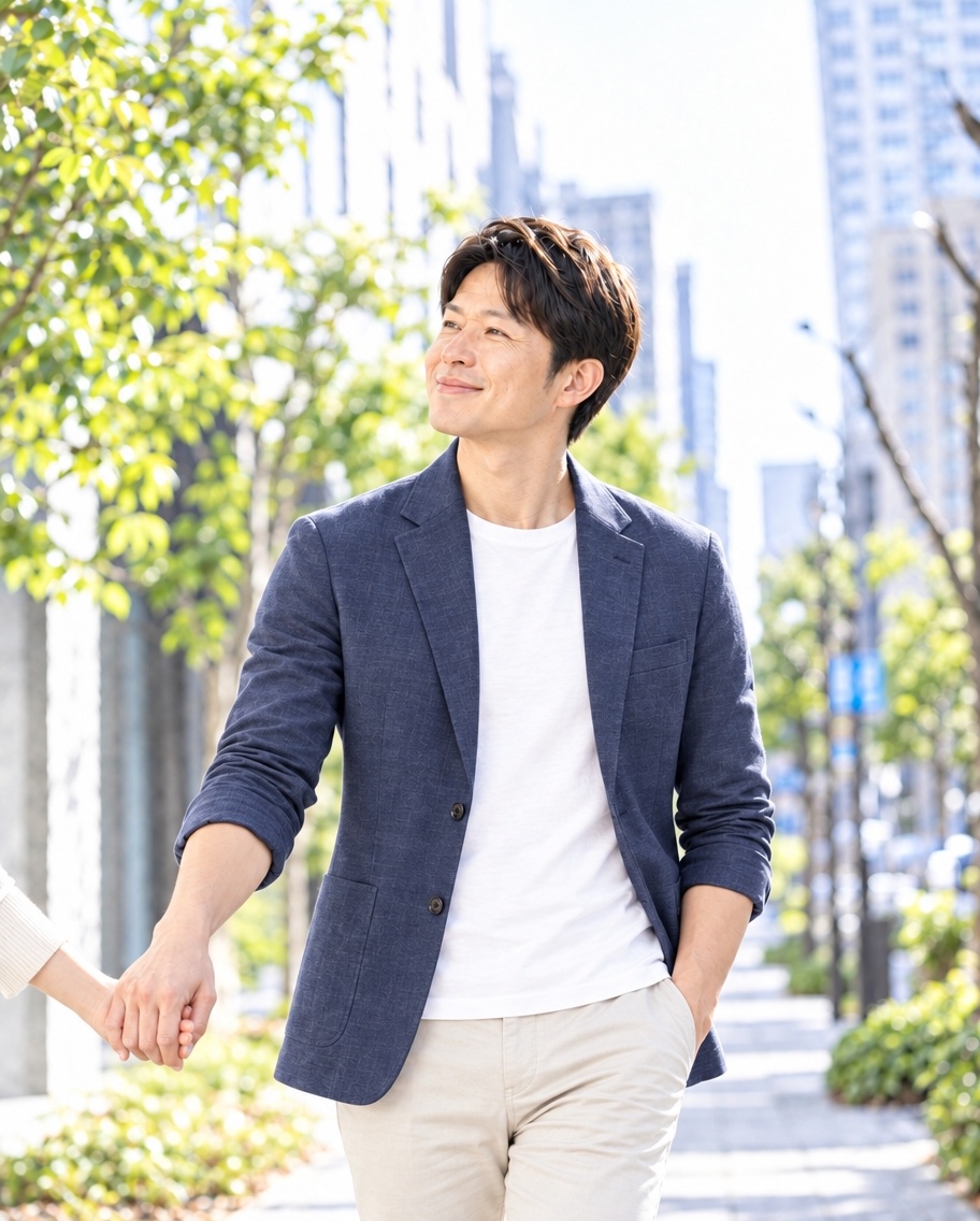 紺のジャケットで街を歩きながら、穏やかに微笑む男性。隣の女性と手をつないでいる