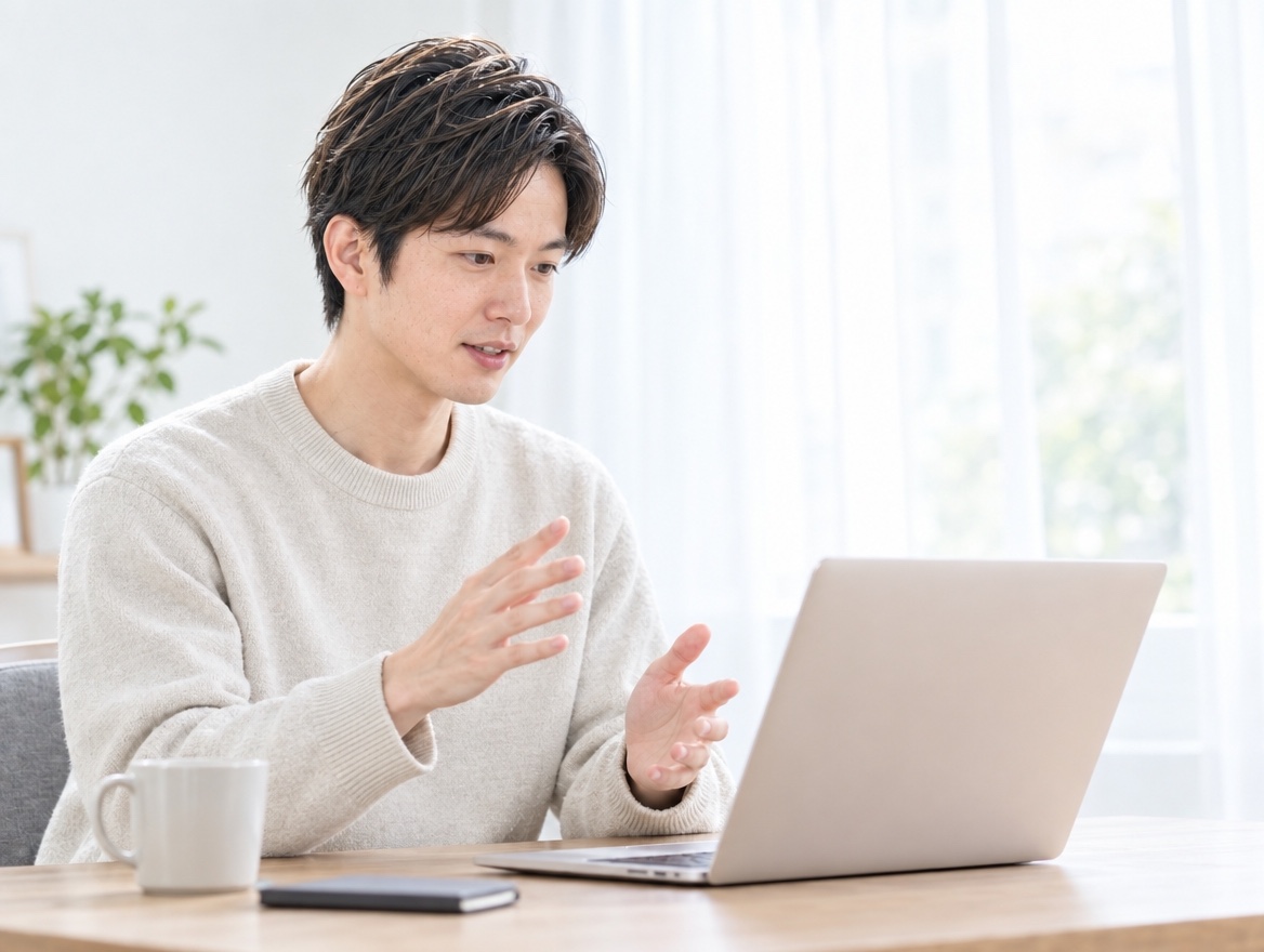 自宅のデスクからオンライン相談に参加する男性